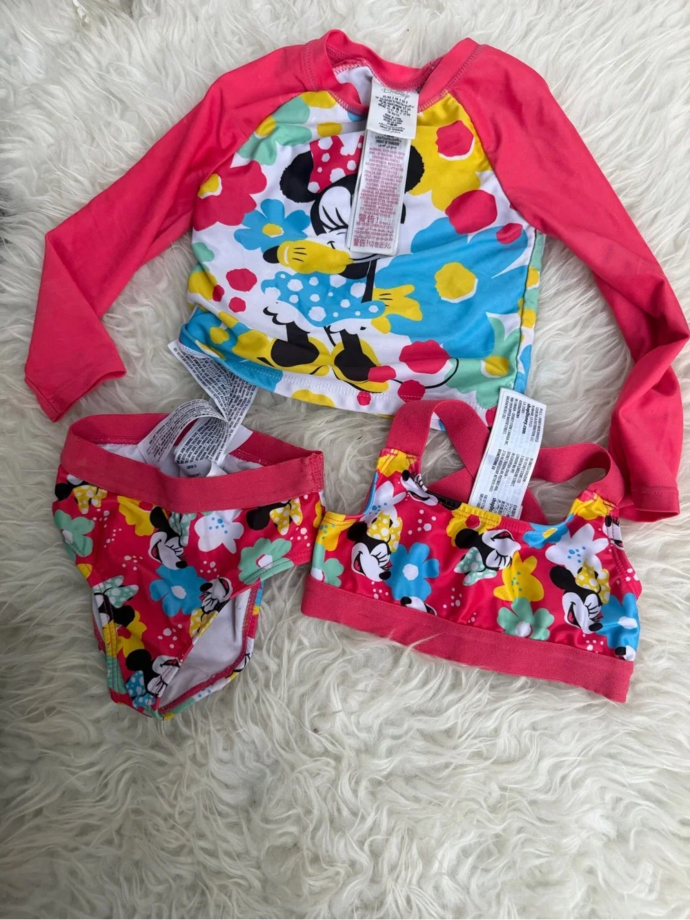 Disney Store Minnie Mouse Rash Guard Deluxe Swimsuit Girls 3 pc UPF